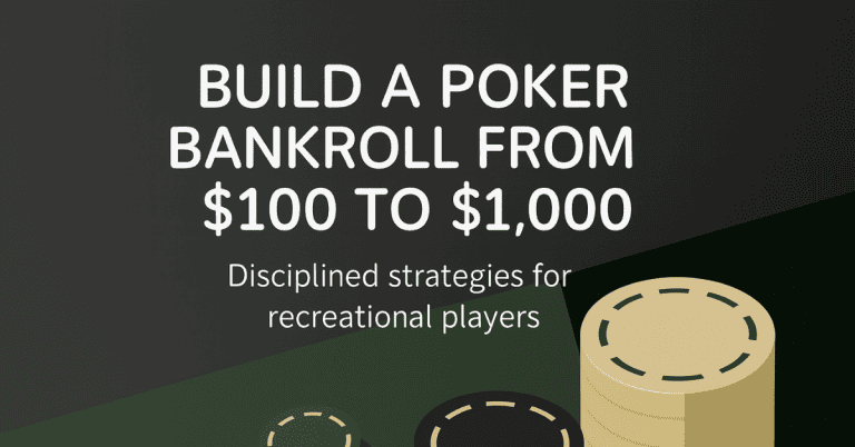 Minimalist illustration of poker chips stacked neatly on a green table, representing disciplined bankroll growth.